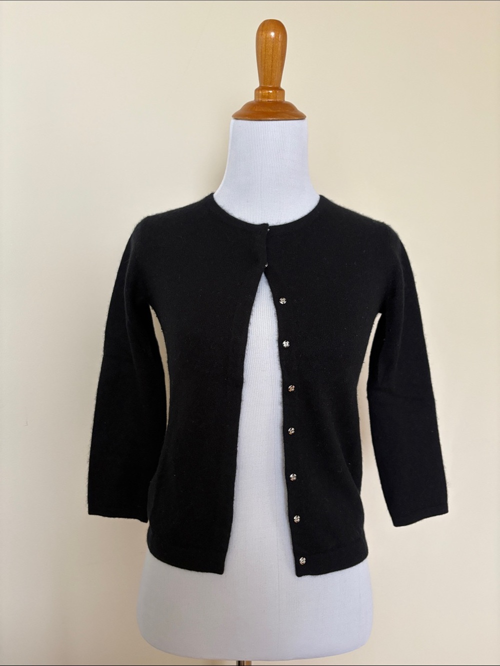 BCBG Cropped Cashmere Black Crewneck Button-Front Cardigan